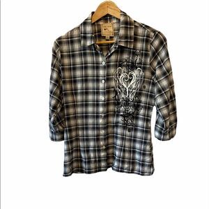 PINK ROSE Black,Grey&White Plaid Graphic Button Up
